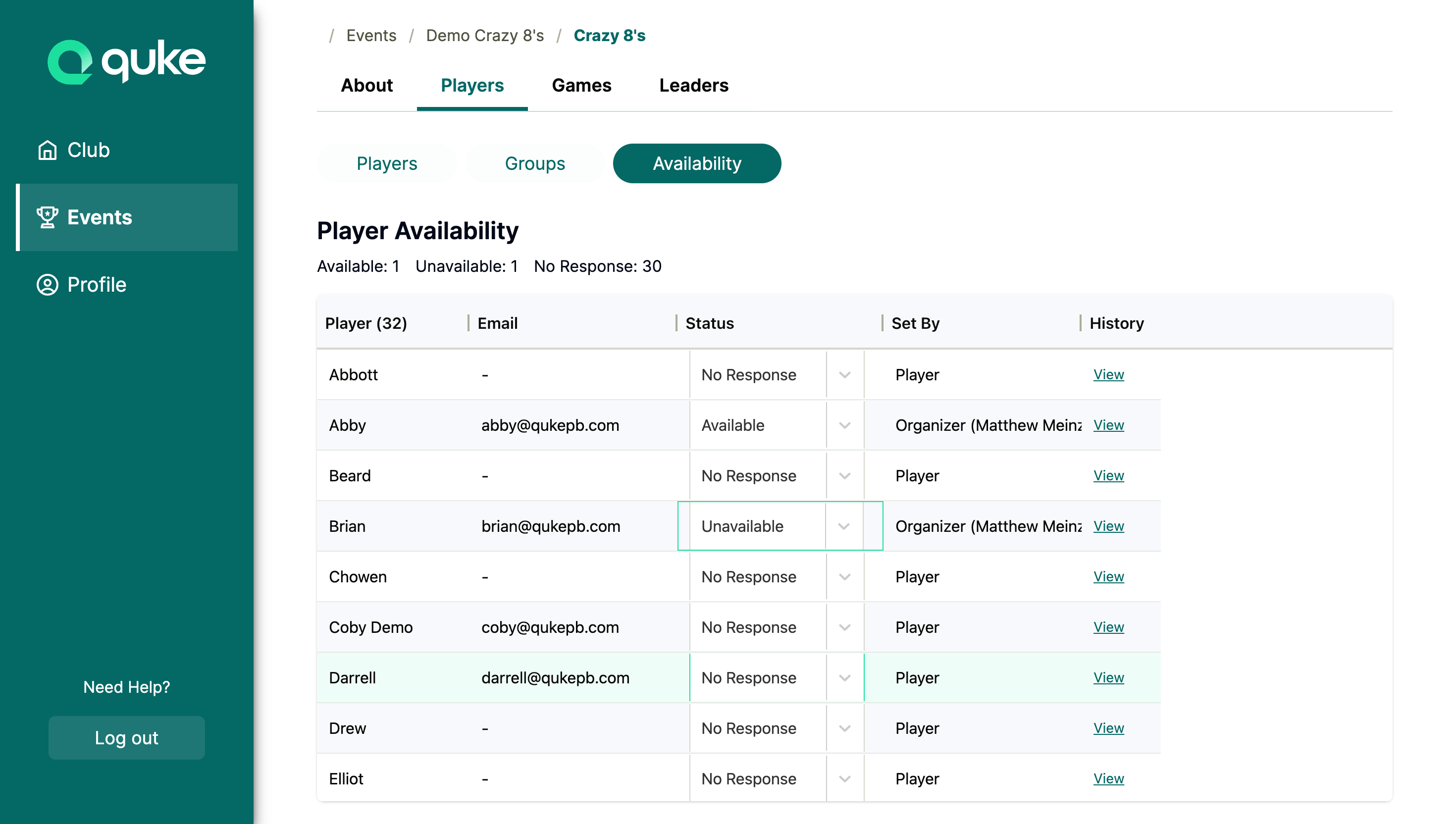 Availability Tab showing mixed player statuses