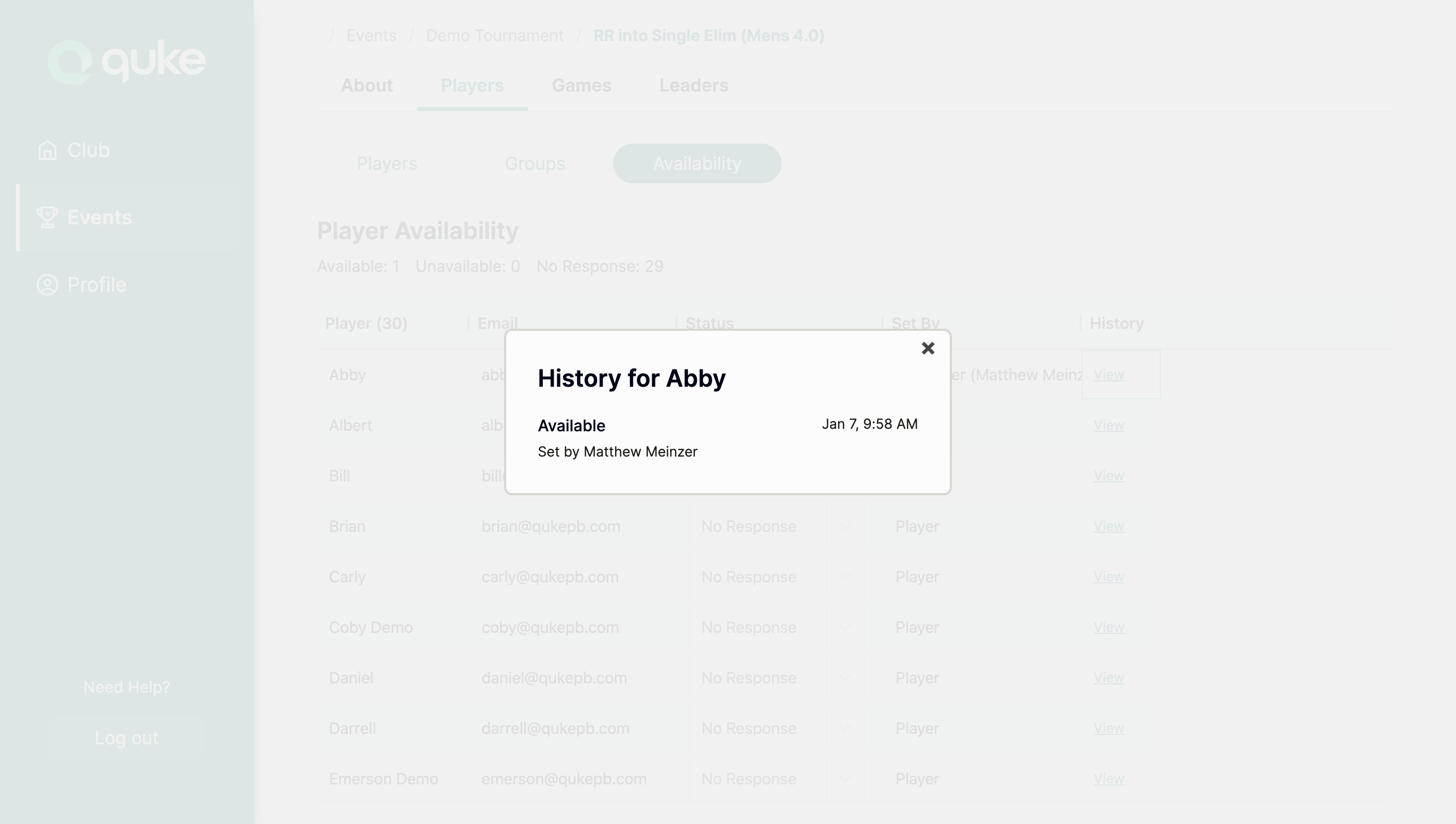 History Modal showing availability changes