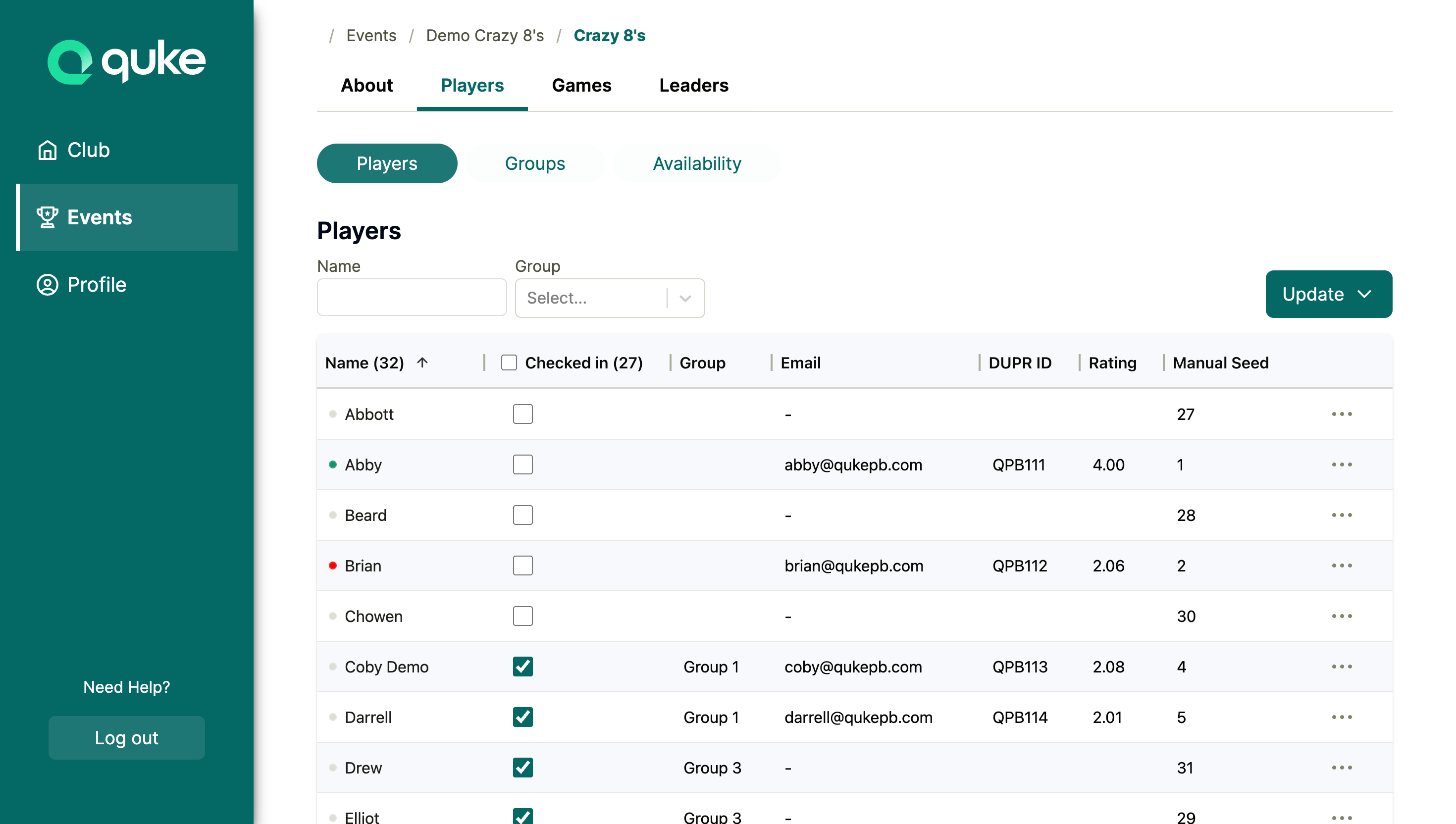 Players Tab with Availability Dots